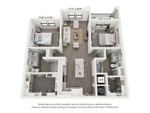 Floor plan for 2 beds, 2 baths, 1124 sqft